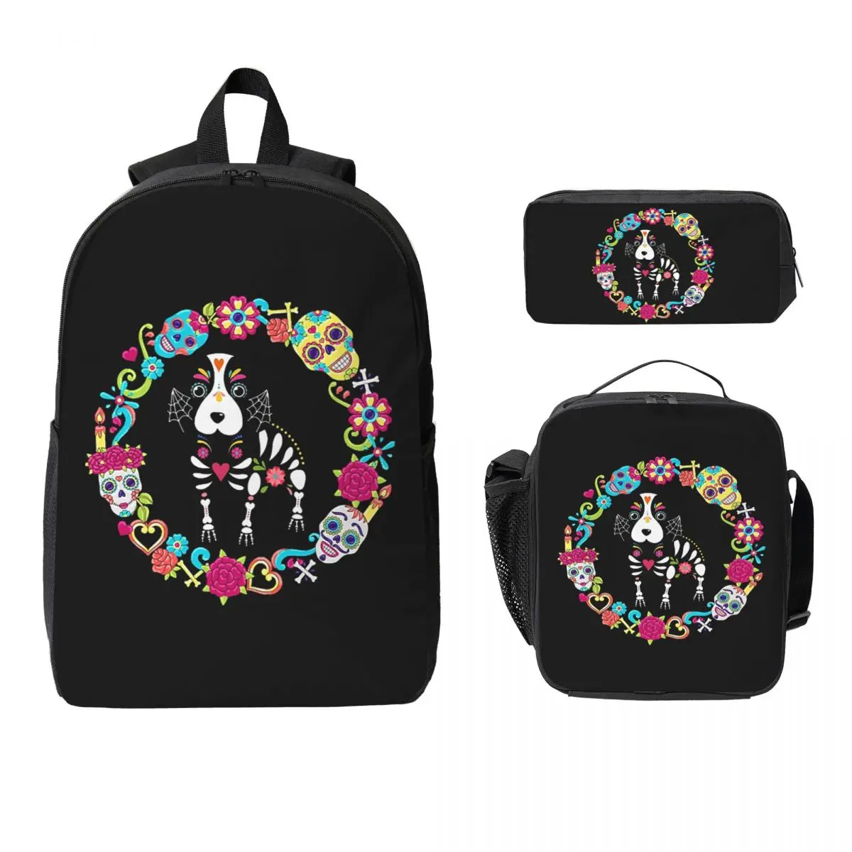 

Dog Dias De Los Muertos Day Of The Dead Backpack BookBag School Bag Laptop Shoulder Bags 3ps Insulated Lunch Bag Pencil Case