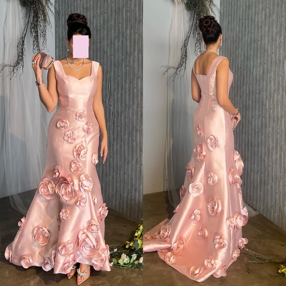 Customized  Satin Flower Draped Pleat Graduation A-line Square Collar Bespoke Occasion Gown Long Dresses