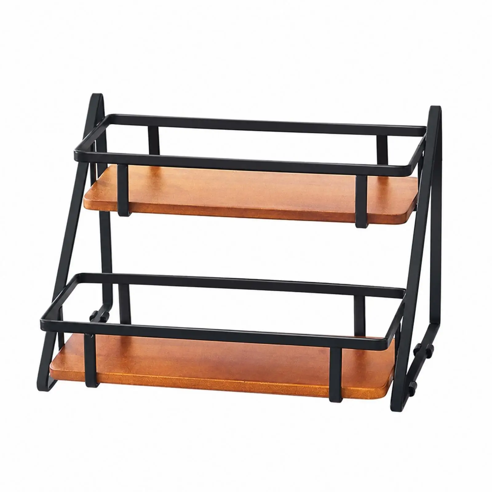 Two Tier Bamboo Shelf Organizer for Kitchen Countertop Storage Rack with Raised Edges Steel Support for Spices and Toiletries