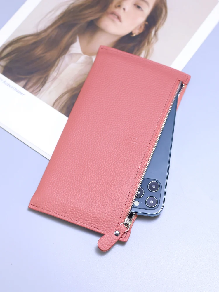 Ultra-Thin Long Genuine Leather Wallet for Women Soft Cowhide Simple Casual Zipper Money Clip Mobile Phone Bag Korean Style