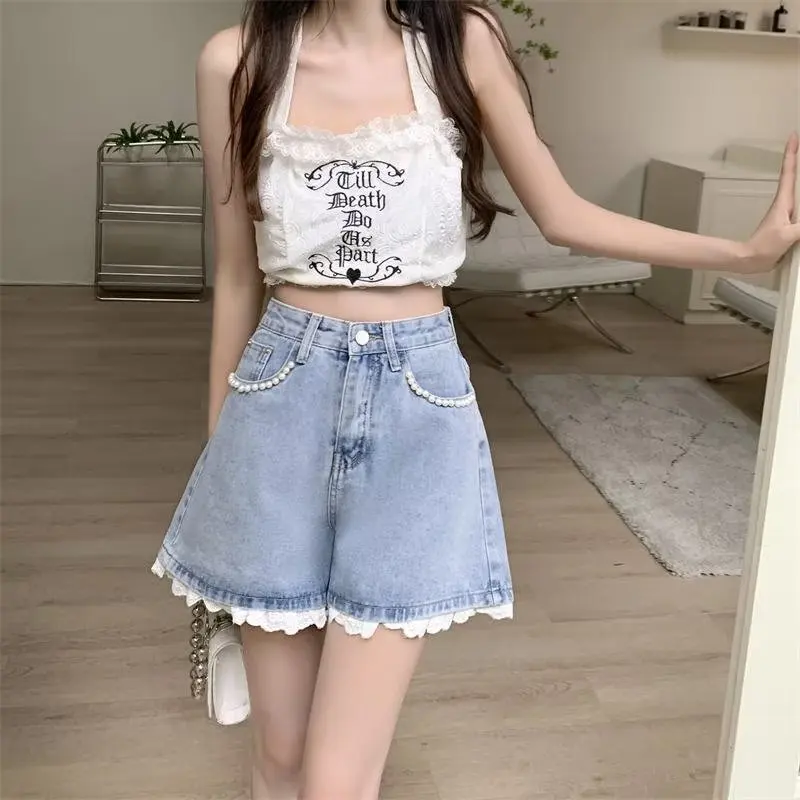 

Summer Sweet Women High Waist Lace Button Wigh Leg Jeans Shorts Korea Chic Casual Female Loose Blue Pearl Beading Denim Shorts