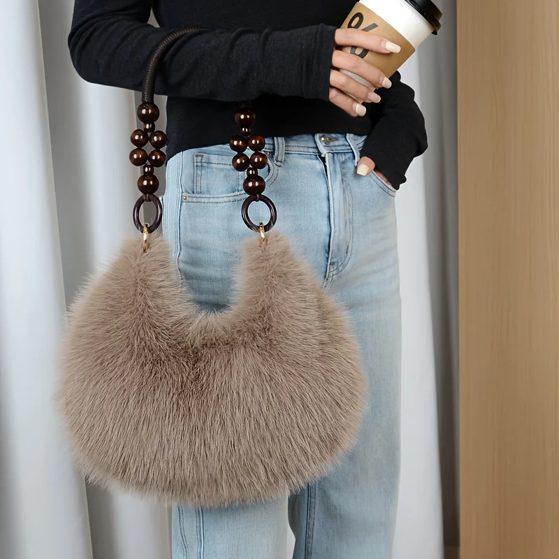 Elegant Plush Tote & Crossbody Bag with Beaded Strap. Zipper Closure, Multiple Colors. Perfect for Daily & Special Events. - view 6