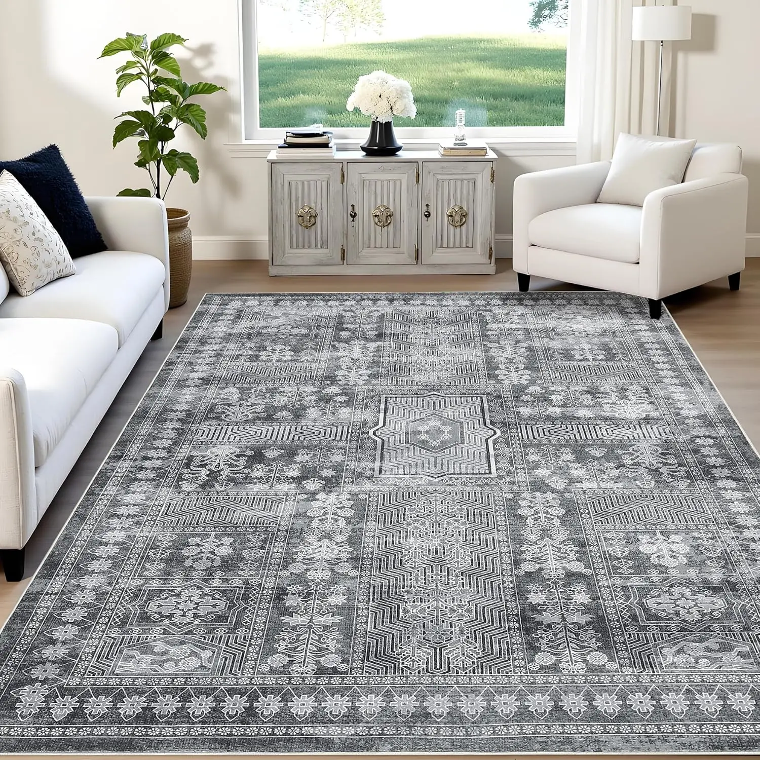 

Large Vintage Washable Area Rug for Living Room Floral Print Carpet, Low Pile Foldable Mat for Bedroom Entryway Hallway