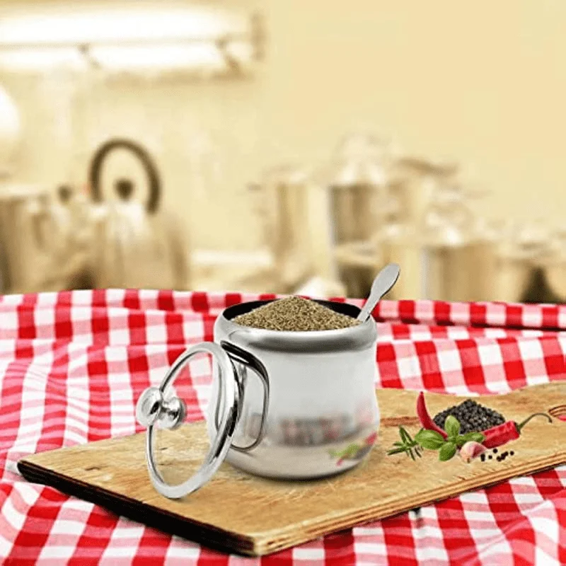 1Set 300ml Stainless Steel Sugar Bowl Coffee Seasoning Jar Condiment Pot Spice Container Canister Cruet with Lid and Spoon