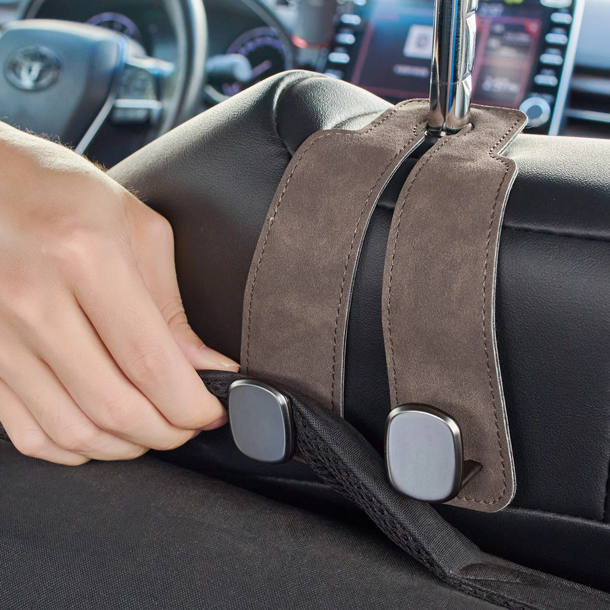 Gancho Universal duradero para coche, colgador de Metal de cuero para reposacabezas, ganchos dobles de aleación de Zinc para bolsos, soporte de almacenamiento para respaldo de asiento de coche