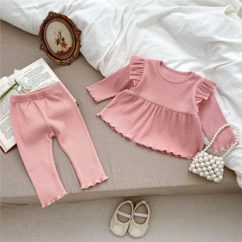 Newborn Baby Girl Pajama Set Cotton Shirt+Pant 2Pcs Solid Ruffle Infant Toddler Loungewear Ribbed Homesuit Baby Clothes 6M-2Y