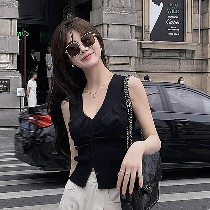 Summer Fashion Chic V-neck Knitted Vest Women Solid Color Sleeveless Slim Camisole