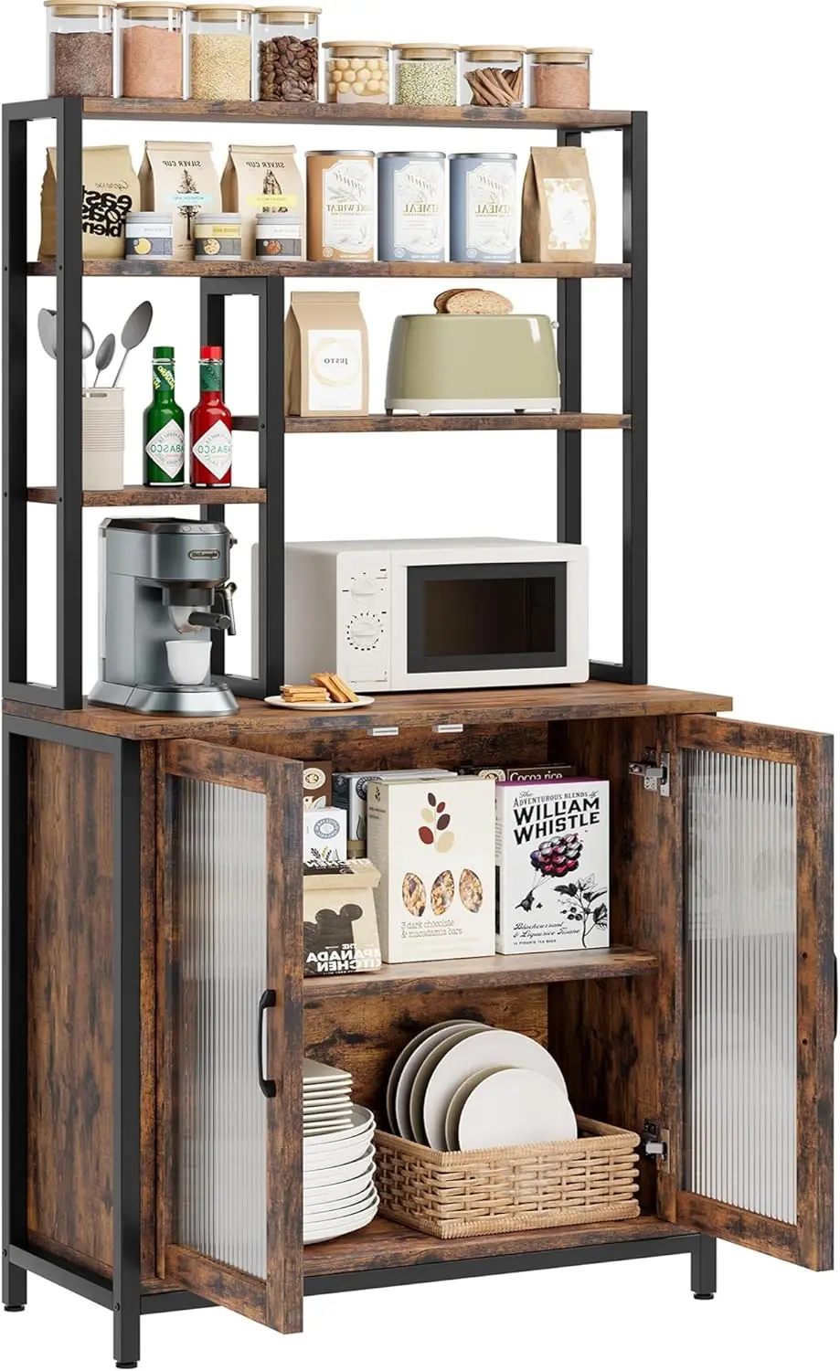 

Home Bakers Rack with Cabinet 5 Tier Microwave Stand 63.78 in Standing Bakers Rack with Door Tall Coffee Bar Brown Home