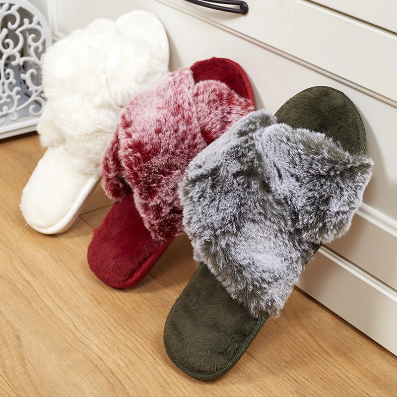 Chinelos peludos de inverno para mulheres, pele fofa cruzada, slides para casa, sapatos de piso interno, chinelos femininos, novo design