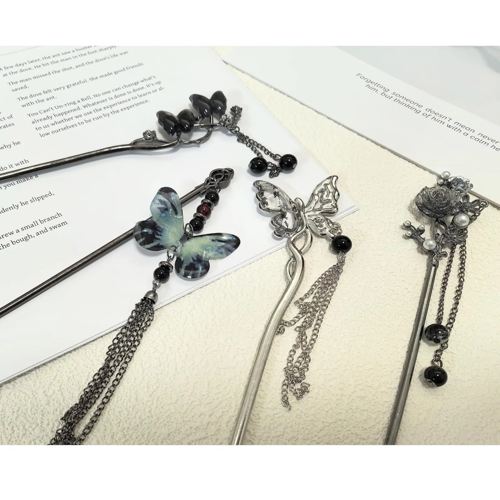 1 Stück chinesische Haarnadel-Kollektion, 6-teiliges Set mit Schmetterlings-, Rosen- und Halbmond-Designs, elegantes Quastendekor – Detail 6