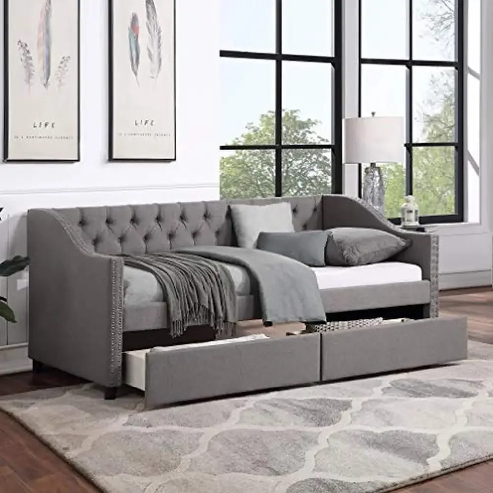 Solid Wood Twin Daybed with Storage Drawers and Linen Fabric Bedroom Sofabed Frame Upholstered Bed Frame with Wood Slat Support