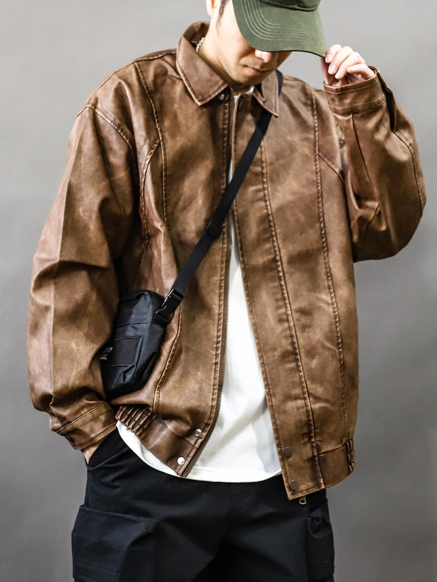 

Trendy American Retro PU Leather Jaet Men's Autumn Winter Loose Motorcycle Sle Windproof Street Cool Flip Collar Jaet