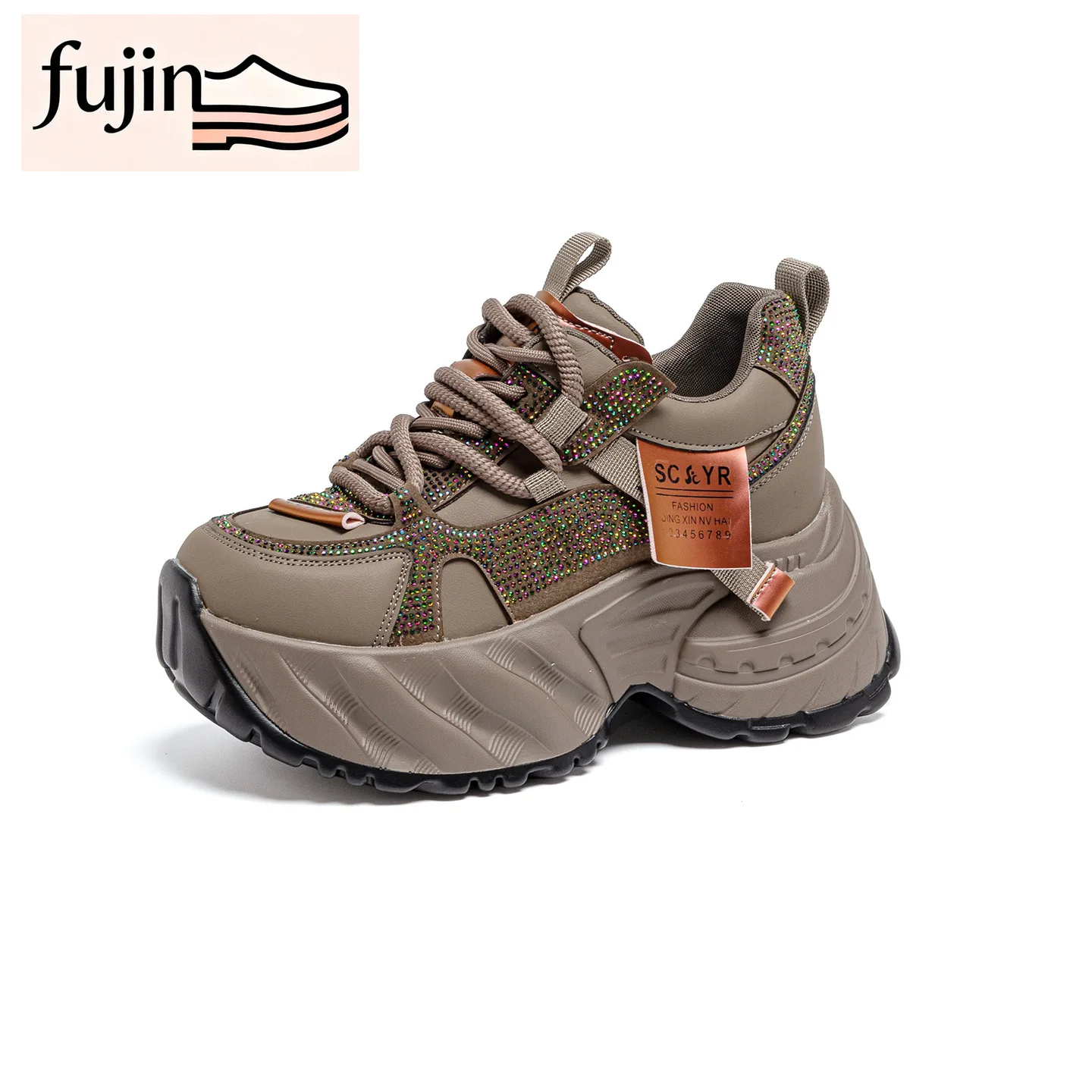 

Fujin 8.5cm 3 Inch Platform Sneakers for Women Comfortable Walking Shoes for Fall Chunky Sneakers Non Slip Genuine Leather
