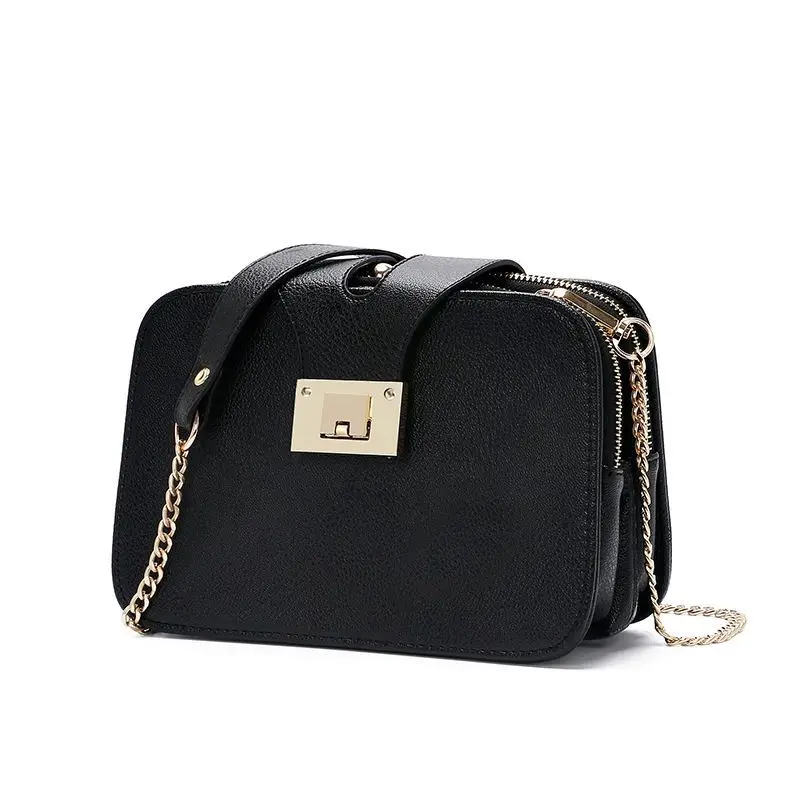 Black Pebbled PU Leather Small Square Crossbody Bag Gold Turn Lock Chain Handle Shoulder Handbag Phone Purse Commute for Women