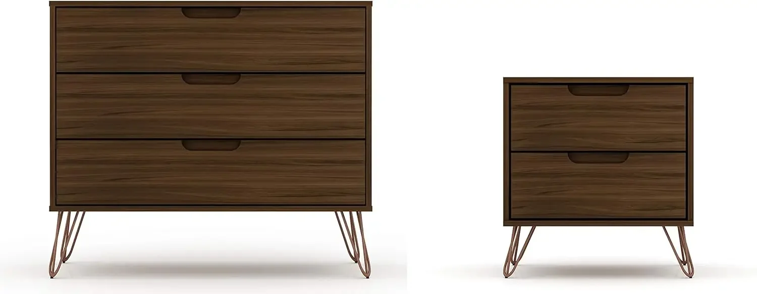 Rockefeller Mid-Century Modern 3 Drawer Bedroom Dresser with Nightstand, Set of 2, Brown