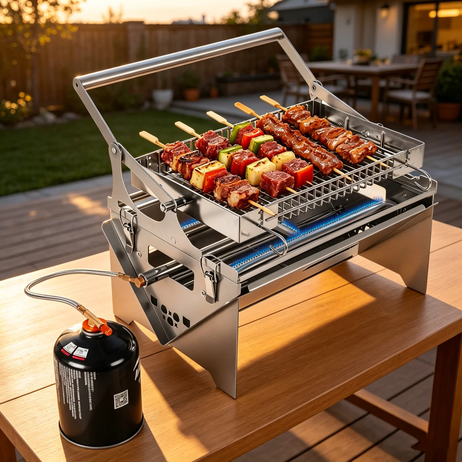 Portable Gas Grill, 360° Rotating Charcoal Grill, Stainless Steel Flipping Camping Barbecue Grill with Carry Bag