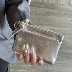 Mini Cartera de cuero genuino de plata, bolso de mano multifuncional con cremallera, monedero portátil, tarjetero