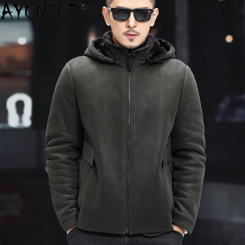 Natural Sheepskine Fur Coats Men Hooded Leather Jacket 2021 Winter Warm Men's Sheep Shearing Outwear Veste Homme Gmm354