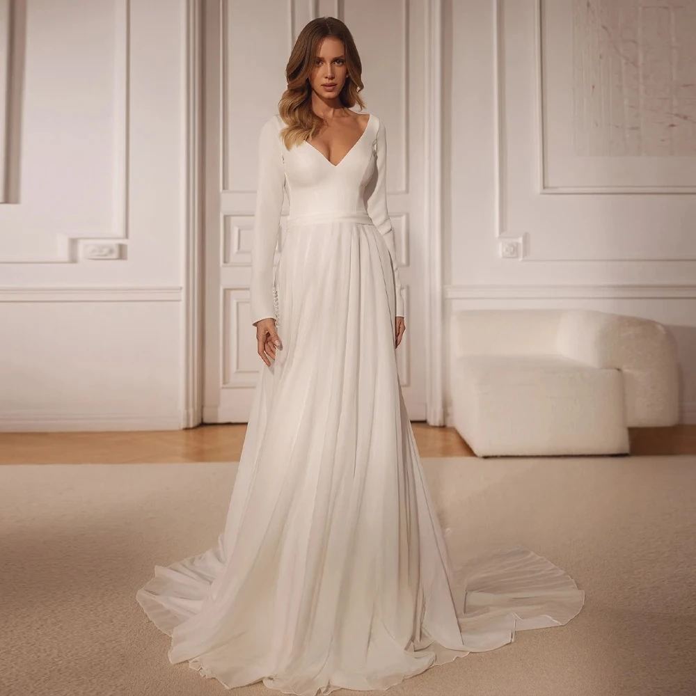 Customized Sleek Lightweight Chiffon Bridal Attire Deep V Plunge Torso Full Pearl Detailed Rear Voluminous Gentle Wedding