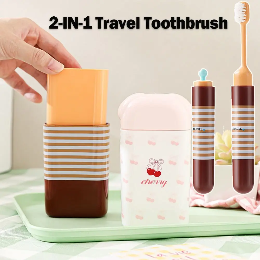 2-IN-1 Travel Toothbrush Set Portable Mini Toothpaste Tube Storage Box Soft Bristled Foldable Folding Toothbrush Dispenser