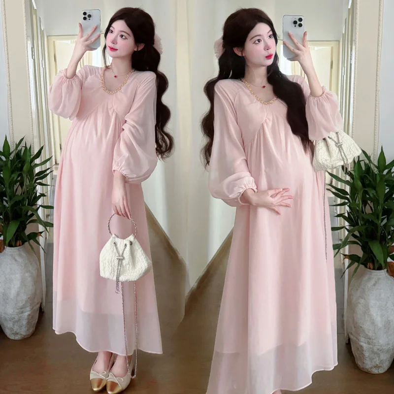 Maternity Dress Spring Summer 2026 Gentle Elegant Temperament Pink Long Sleeve V Neck Chiffon Dress For Pregnant Women