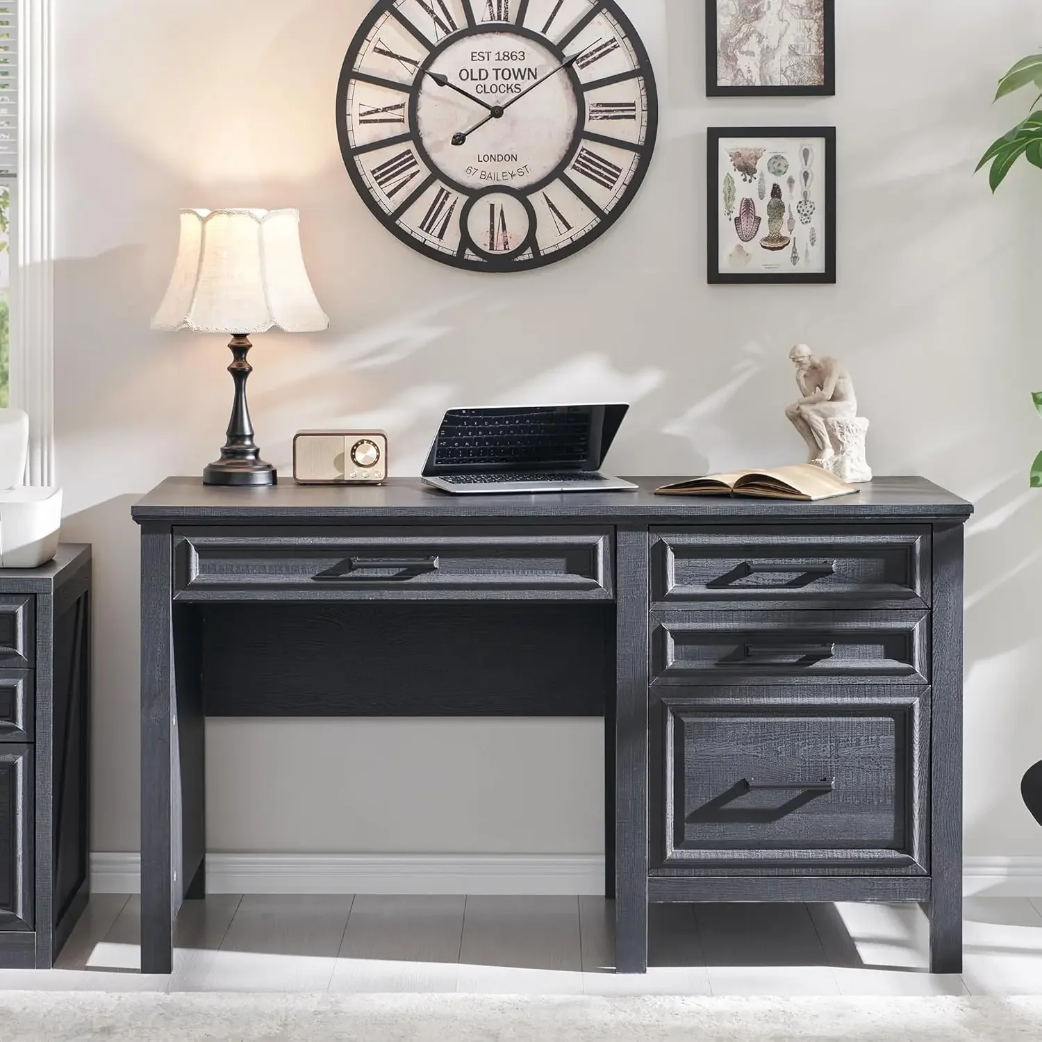 53Inch Home Office Desk, Modern Farmhouse Computer Desk With File Cabinet Letter T4 F4 Legal, Study Writing Desk, Cool Black