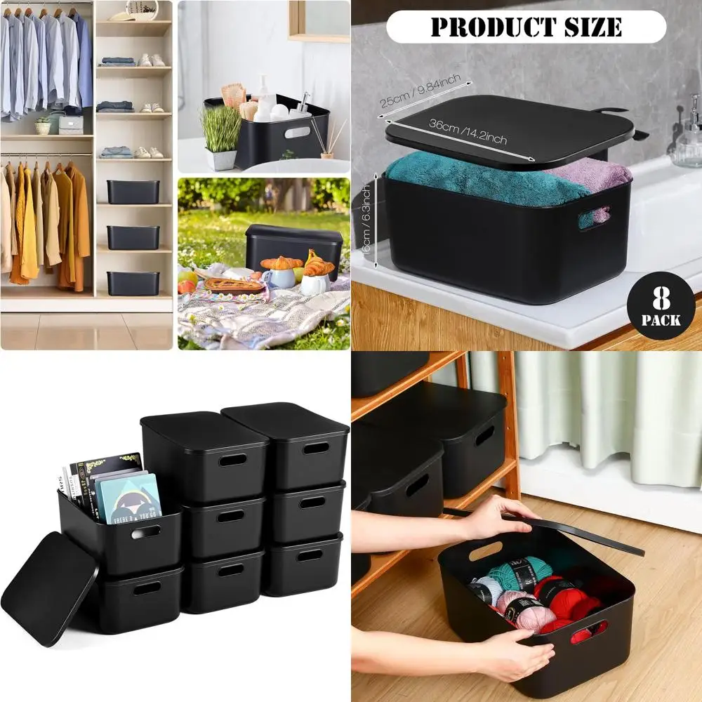 

Stackable Plastic Storage Bins with Lids, 8-Piece Set for Organizing, 13.8x9.8x5.9 Inches, Black