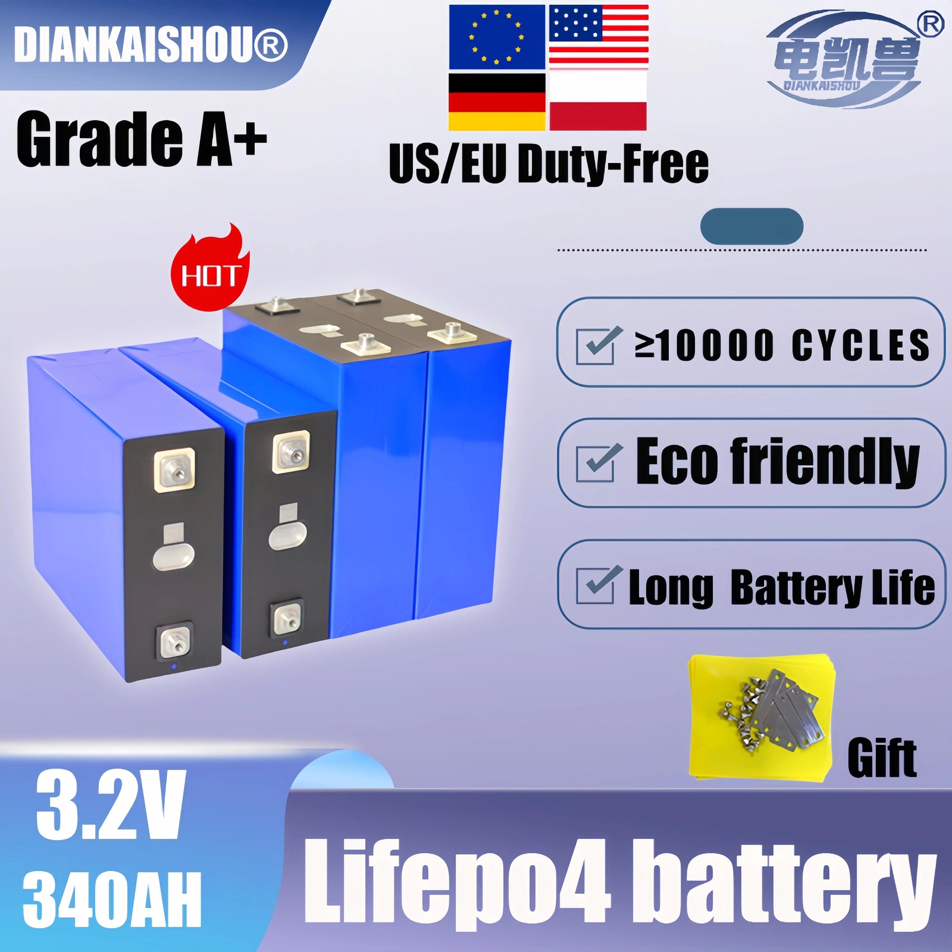 

Перезаряжаемая батарея Lifepo4 класса A 3,2 В, 340 Ач, сделай сам, для автофургонов, фургонов, кемперов, электромобилей, лодок, яхт, тележек для гольфа, вилочных погрузчиков - Солнечная совместимость