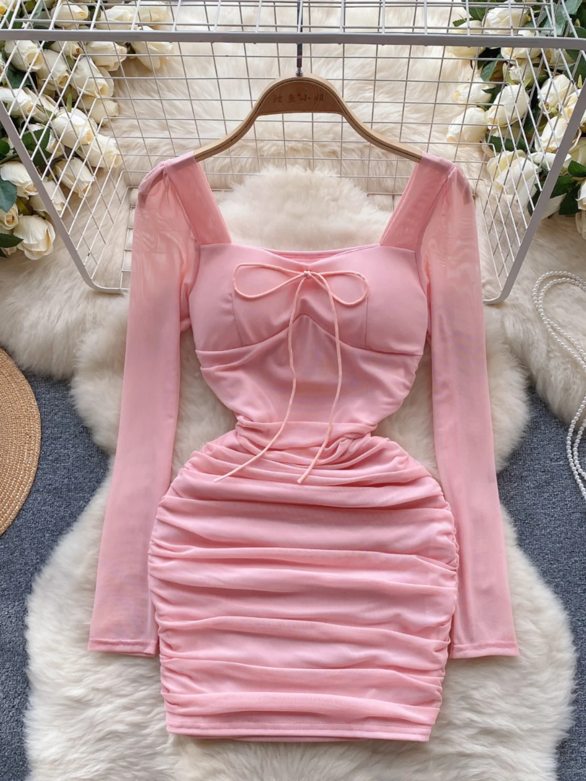 Foamlina Fashion Vintage Square Collar Autumn Dress Women's 2024 Waist Mesh Long Sleeve Niche Bodycon Short Dresses