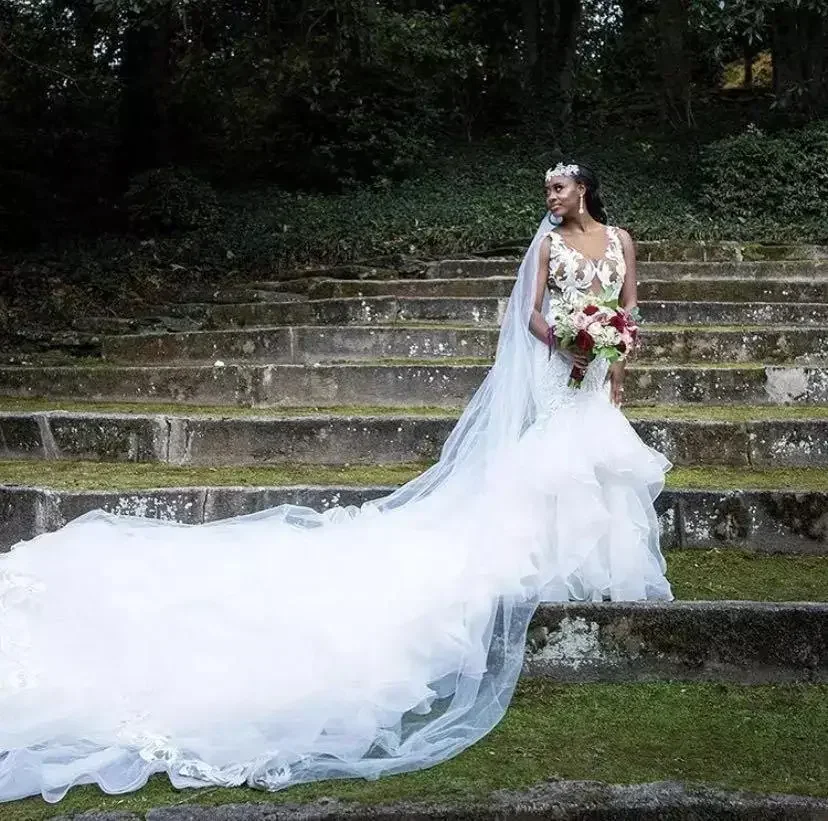 

Customized Long Cathedral Train Mermaid Wedding Dresses Plus Size African Sheer Neck Bridal Gowns Appliqued Lace Vestidos De Nov