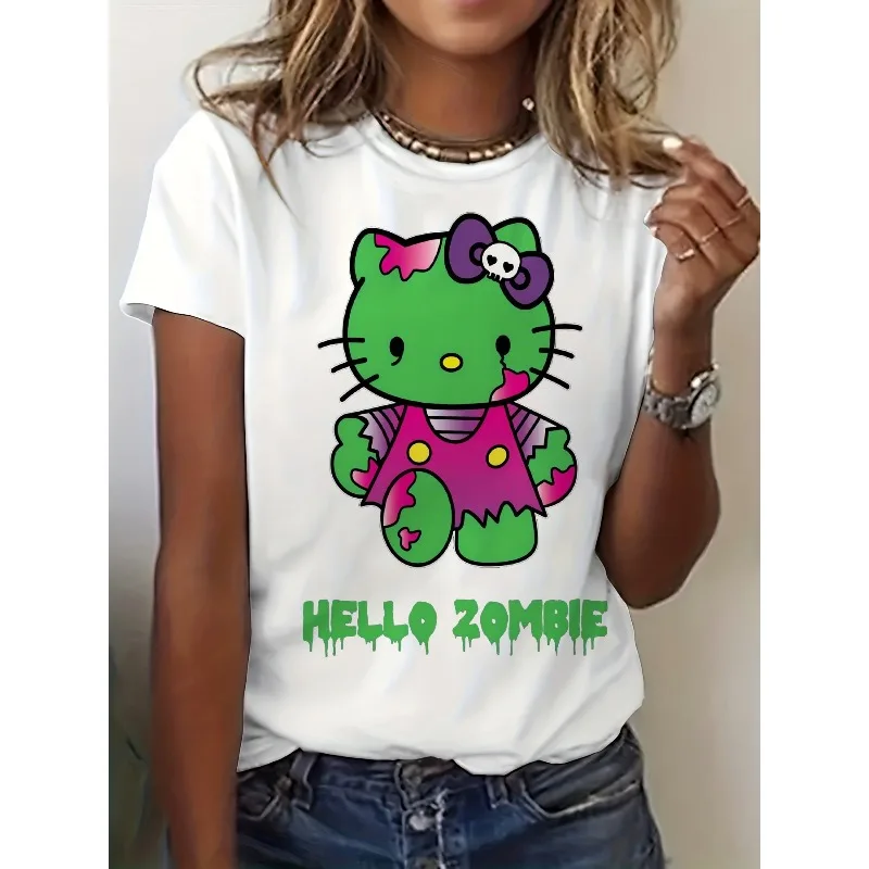 

Hello Kitty Zombie Print T-Shirt Sanrio Short-Sleeve Crew Neck Casual Women's Top Black with Green and Pink Design Halloween Top