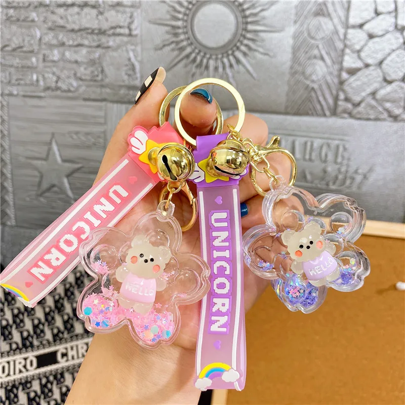 3pcs Creative Oil Luminous Sakura Bubble Beads Bear Quicksand Bottle Keychain Cute Liquid Floating Star Sequin Key Chain Pendant