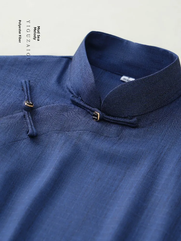 

Синее короткое ципао с полным открытием в старинном стиле, ретро, для повседневной носки, большие размеры, смесь полиэстера