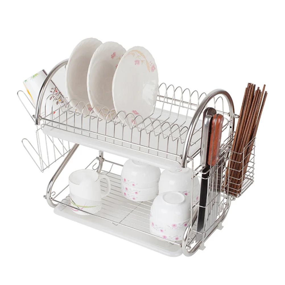 

High Quality Stainless Steel 2 Tier Kitchen Dish Drying Rack Counter Storage Shelf Silver Cup Holder Drainer Utensil ganizer