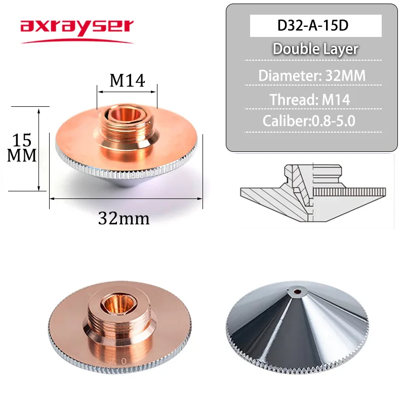 Imagem -02 - Raytools-bicos Laser para Máquina de Corte a Laser de Fibra Única Dupla Camada Diâmetro 32 mm M14 Calibre 0.84.5 mm Bt240 Bm114 Bm110 Etc.