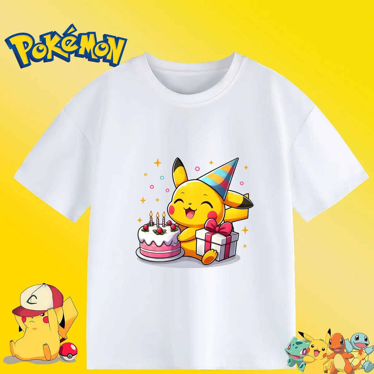 New pokemon Baby Summer Cotton T Shirt Boy Girl Birthday Tee Shirt Pikachu Kid Clothes Cartoon Birthday Gifts  for Children