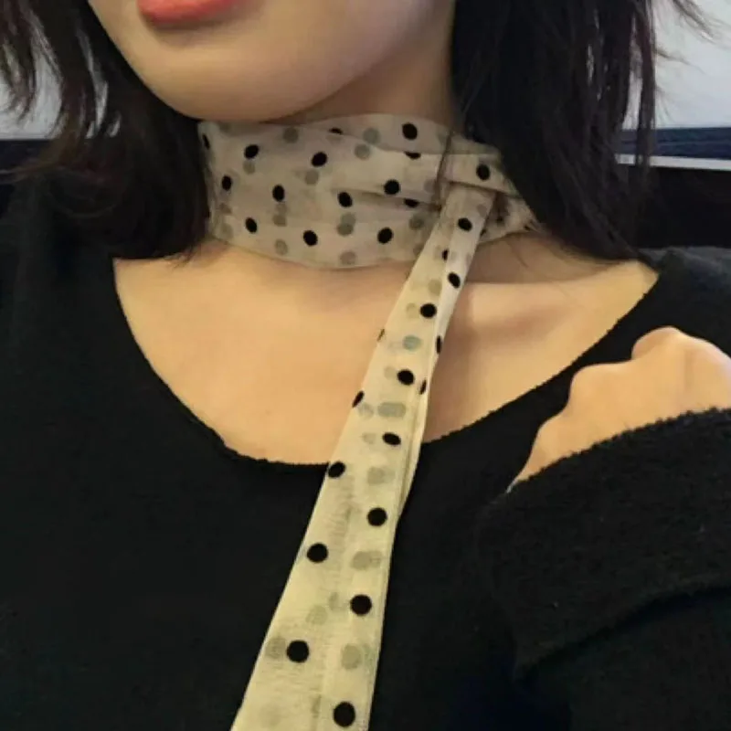 

2025 Korean Polka Dot Scarf Long Thin Women Hair Tie Warmer Autumn Winter Neckerchief Collar Decoration Kerchief Chiffon Scarves