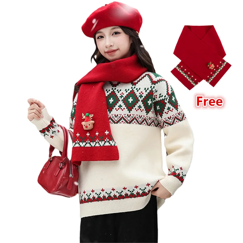 

Elegant Girls Christmas Sweater with Scarf For Child New Year Knitted Clothing for Babies Kids Fancy Knitwear Christmas Costume