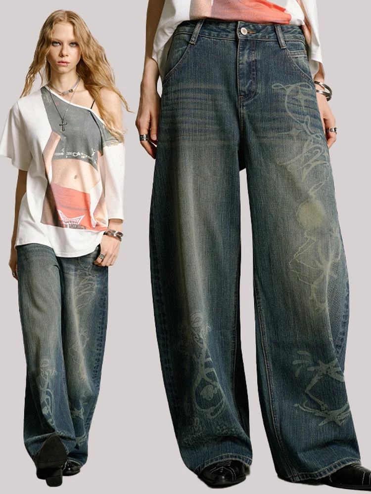 

Ретро джинсы с эффектом потертости, широкие штанины, женские, свободного кроя, с высокой талией, стройнящие, повседневные, длинные брюки, синие джинсовые скинни