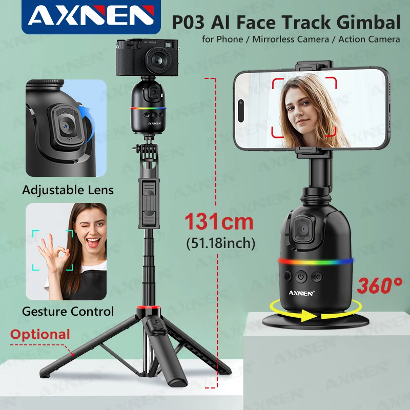AI 얼굴 추적 짐벌 휴대폰 안정기, 360 자동 회전 셀카 스탠드, 아이폰 15 프로 맥스, 안드로이드용, 삼각대 옵션