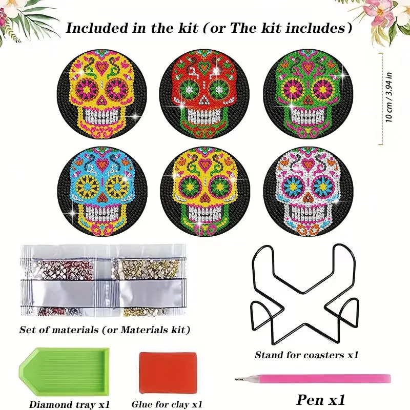6PCS Sugar Skull Day of the Dead Diamond Painting Coasters with Holder, Full Drill DIY Crystal Art Kit for Beginners, Home Decor