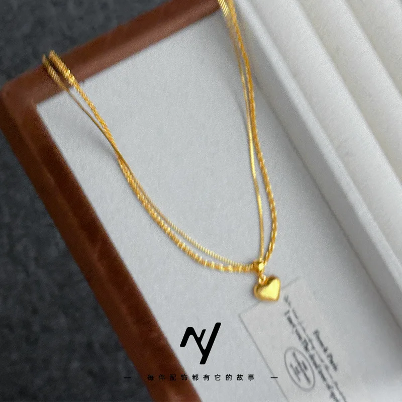 Cynlo Jewelry Luxury 24K 9999 Pure Gold real gold Love Elegant Collarbone Necklace Women's Double Wire Brushed Peach Heart Neckl