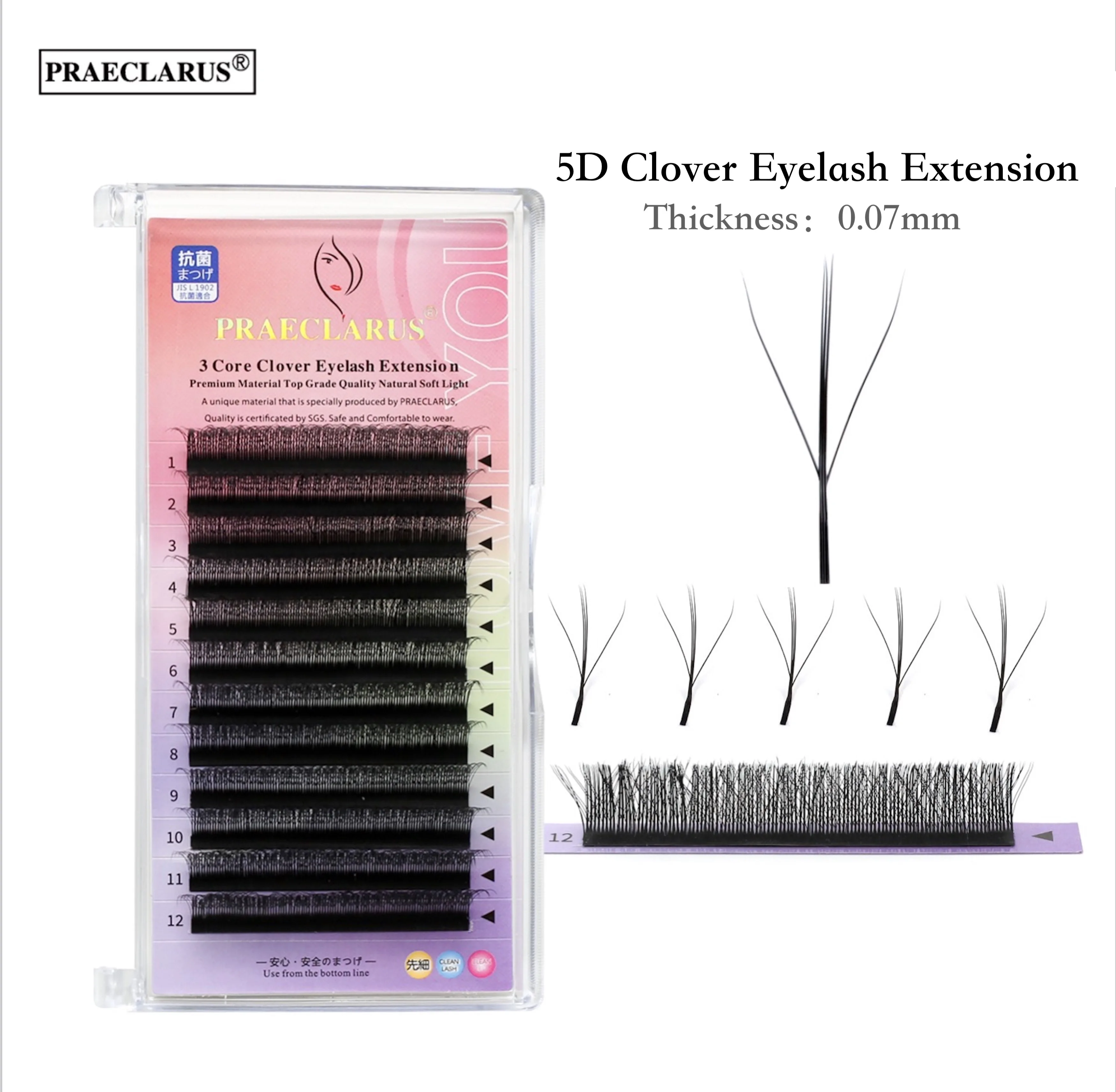 PRAECLARUS 5D Fairy Shape Lashes 12 Rows Eyelashes Premade Volume Fan Natural Soft Light Lashes Triple Tips Eyelashes