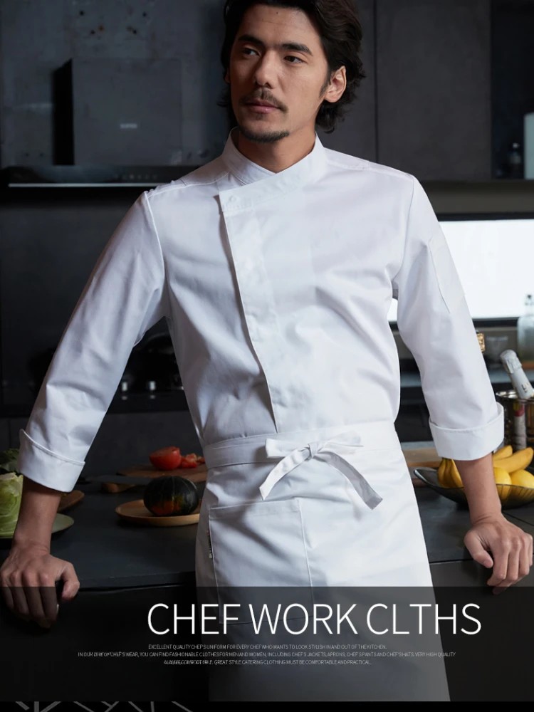 男性用スタイリッシュなシェフコート、半袖または長袖、ホテルやキッチンのコックジャケット、レストランのベーキングウェイターユニフォーム