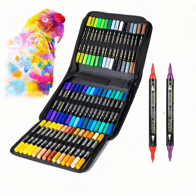 30/48/60-72 قطعة مجموعة علامات ملونة مزدوجة الطرف أقلام سطح معدنية أكريليك لوحات فنية ، أعمال فنية ، أعمال رسم من الورق المقوى