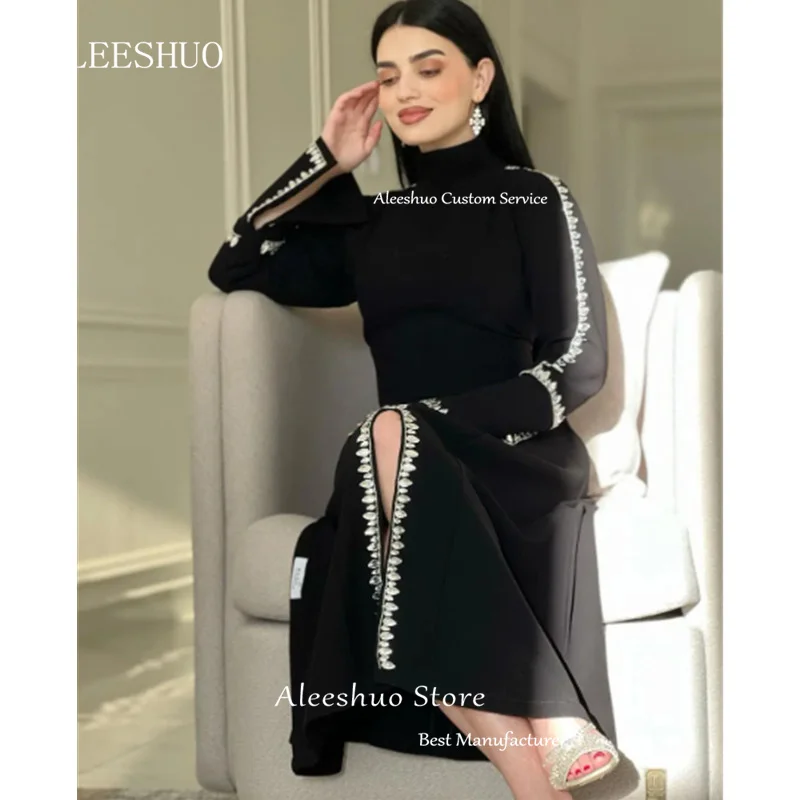 Aleeshuo Muslim Black Straight Satin Prom Dress Front Slit High Collar Evening Dress Crystal Long Sleeve Vestidos De Noche 2024