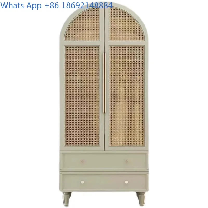 French style cream colored rattan wardrobe simple solid wood clothes storage cabinet bedroom arched double door closet