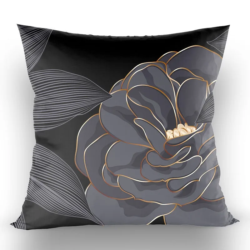 

Chinese-style high-end modern throw pillow cover, black with gold foil floral and lotus design, suitable for living room sofa