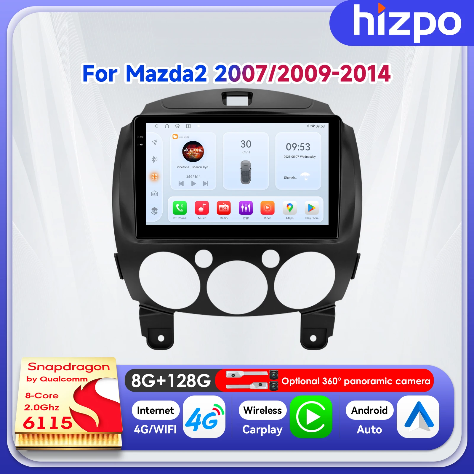 

Автомобильная мультимедийная GPS-навигация Hizpo 9 дюймов с беспроводным CarPlay для MAZDA 2 2007-2014, автомобильная магнитола, стереосистема, Wi-Fi, поддержка SWC