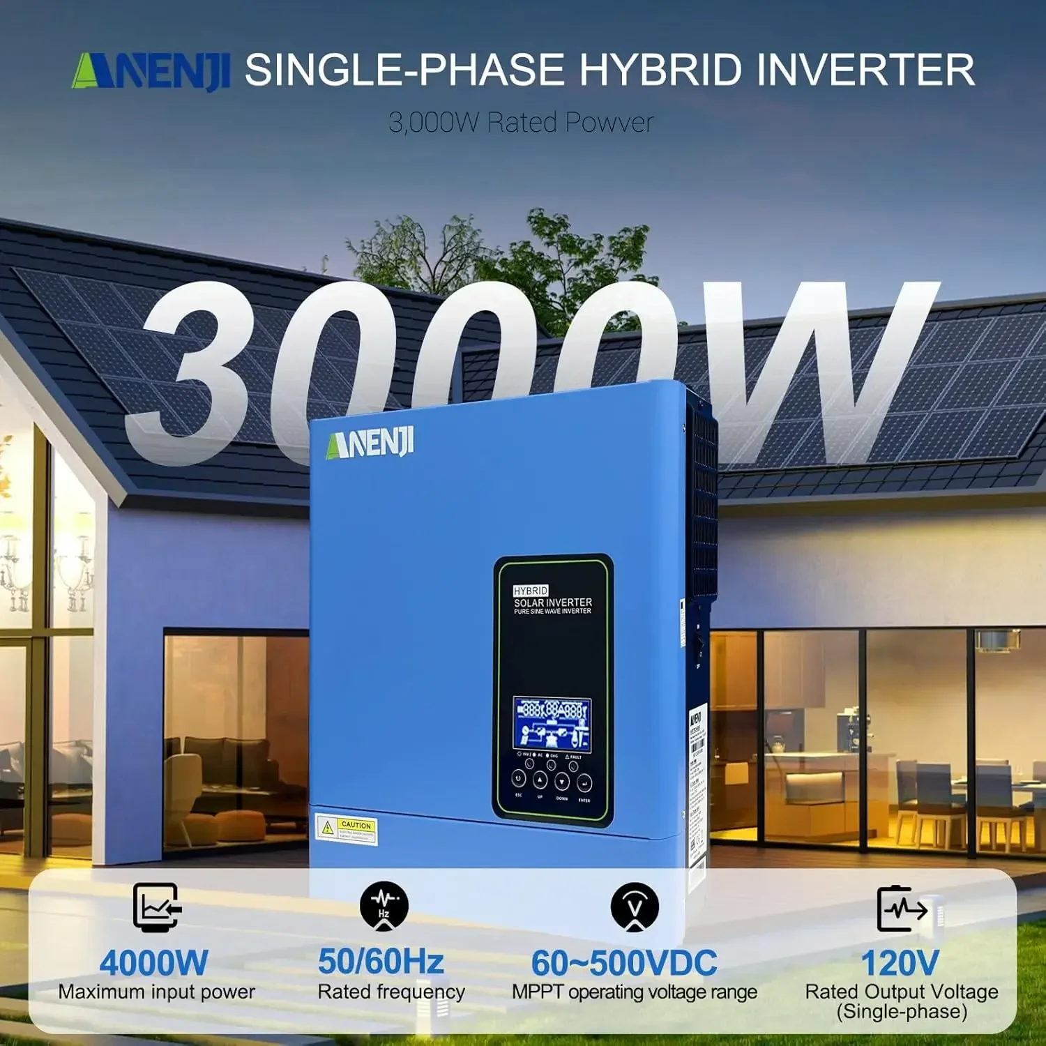 3000W Hybrid Solar Inverter 24V DC to 110V AC, Pure Sine Wave, Built-in 100A MPPT Controller, 98% Efficiency, Solar & Generator